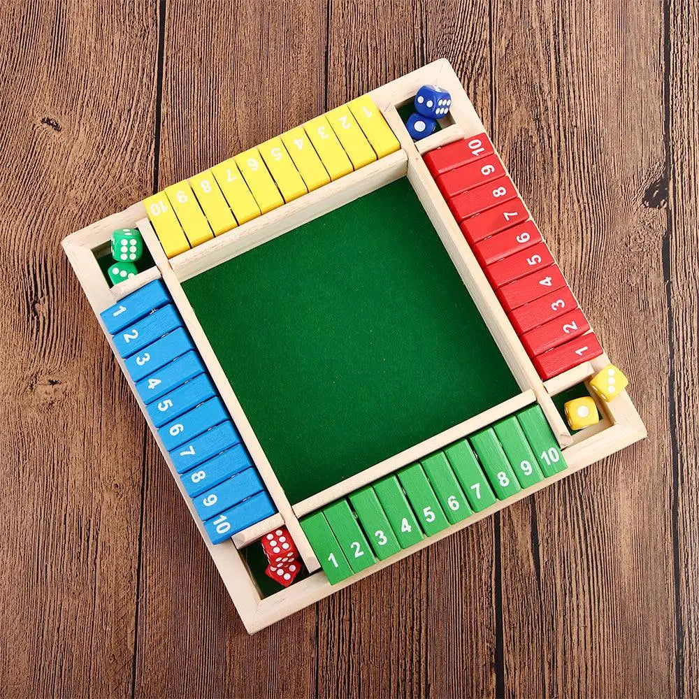 Jogo de tabuleiro de dados aritméticos, quatro lados, caixa de jogos de cartas, brinquedos de dados, abas de madeira, 4 jogadores, número de festa, jogos de tabuleiro