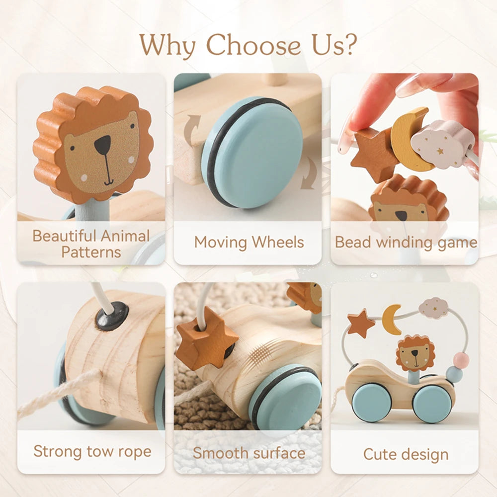Montessori de madeira bebê reboque brinquedos multi-função colorido dos desenhos animados blocos de construção arrastando carro pai criança jogo brinquedo presente do bebê