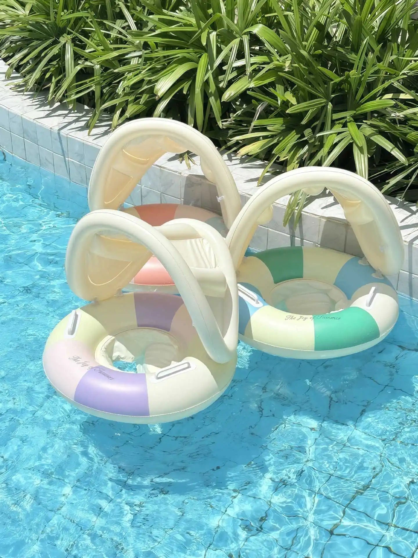 Anel de assento de natação inflável para bebê, listra retrô com guarda-sol removível, círculo de natação, piscina flutuante, praia, anel de água