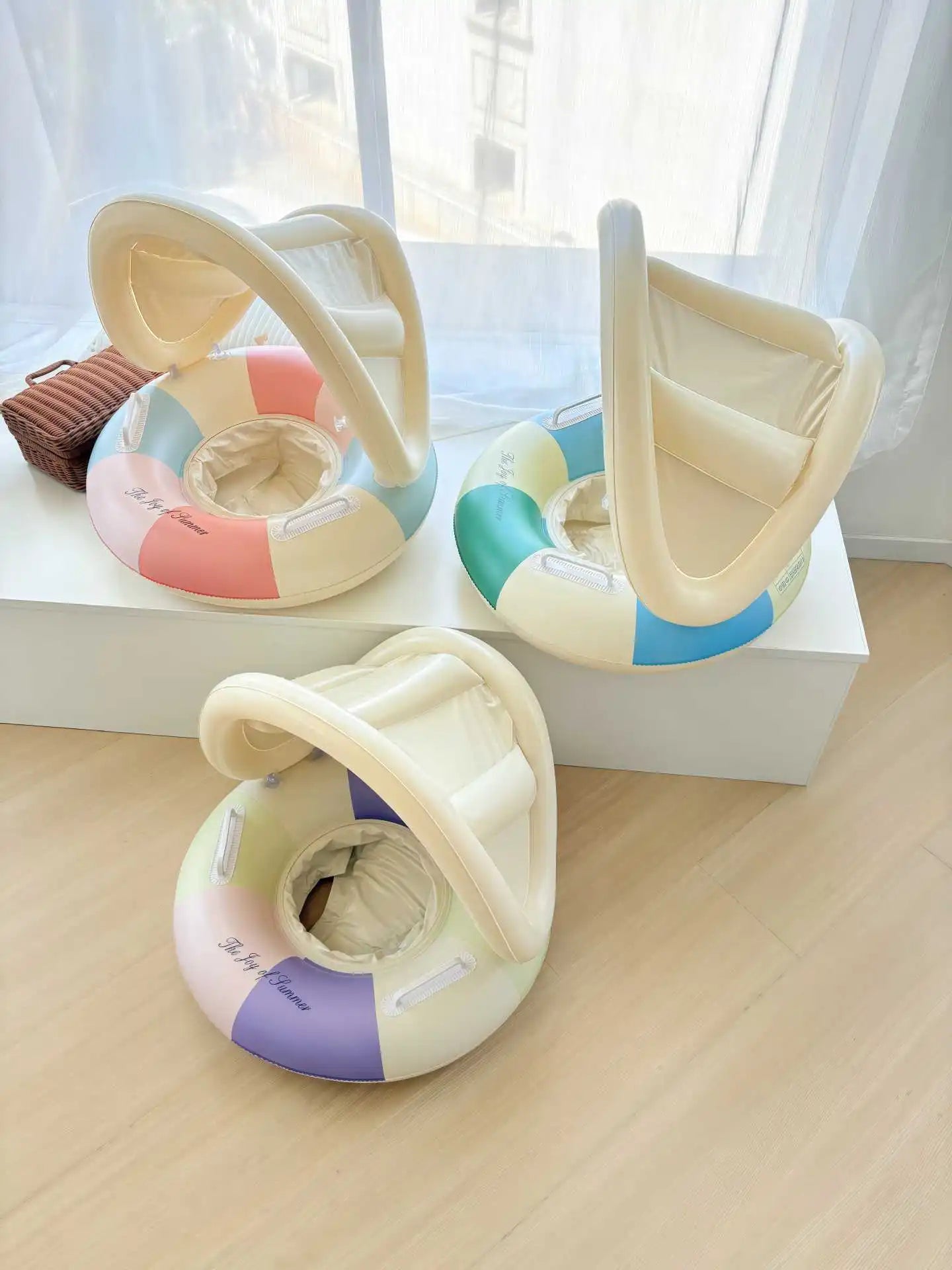 Anel de assento de natação inflável para bebê, listra retrô com guarda-sol removível, círculo de natação, piscina flutuante, praia, anel de água