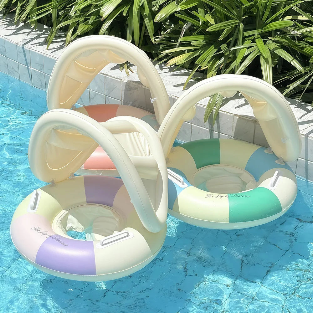 Anel de assento de natação inflável para bebê, listra retrô com guarda-sol removível, círculo de natação, piscina flutuante, praia, anel de água