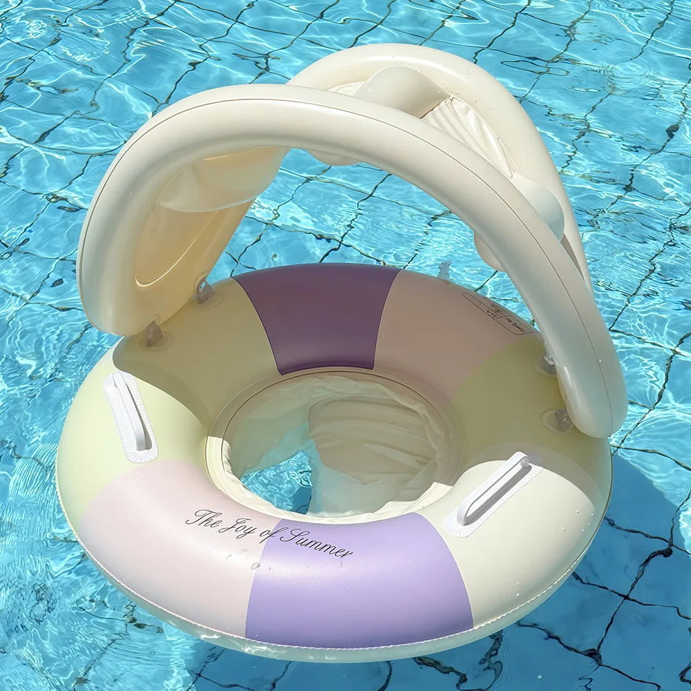 Anel de assento de natação inflável para bebê, listra retrô com guarda-sol removível, círculo de natação, piscina flutuante, praia, anel de água