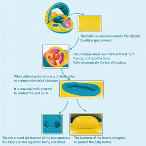 Anel de natação flutuante barco infantil com telhado e alças assento inflável de pvc com guarda-sol brinquedo de festa de verão