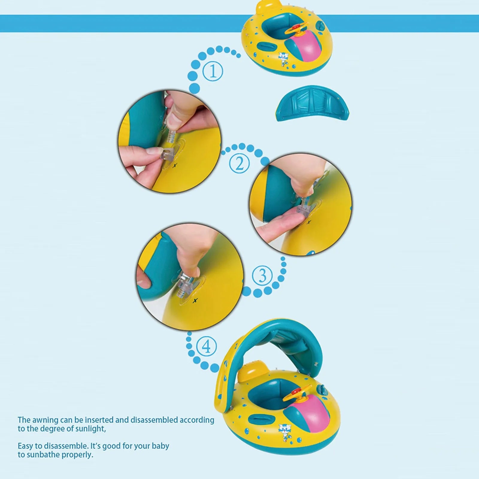 Anel de natação flutuante barco infantil com telhado e alças assento inflável de pvc com guarda-sol brinquedo de festa de verão