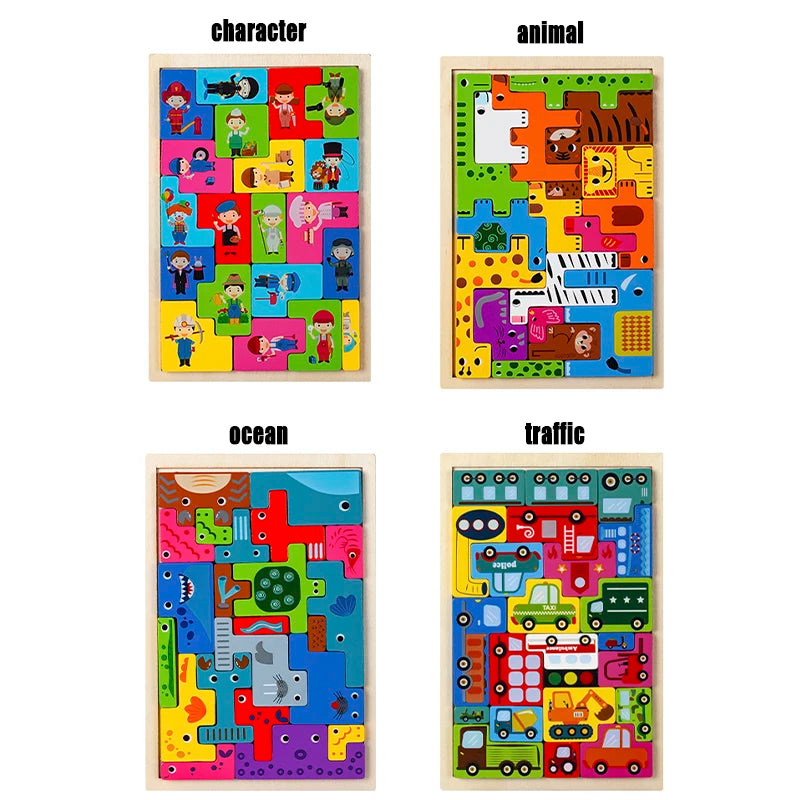 Montessori personagens animais transporte quebra-cabeça de madeira blocos russos animais bonitos quebra-cabeça brinquedos ocupação