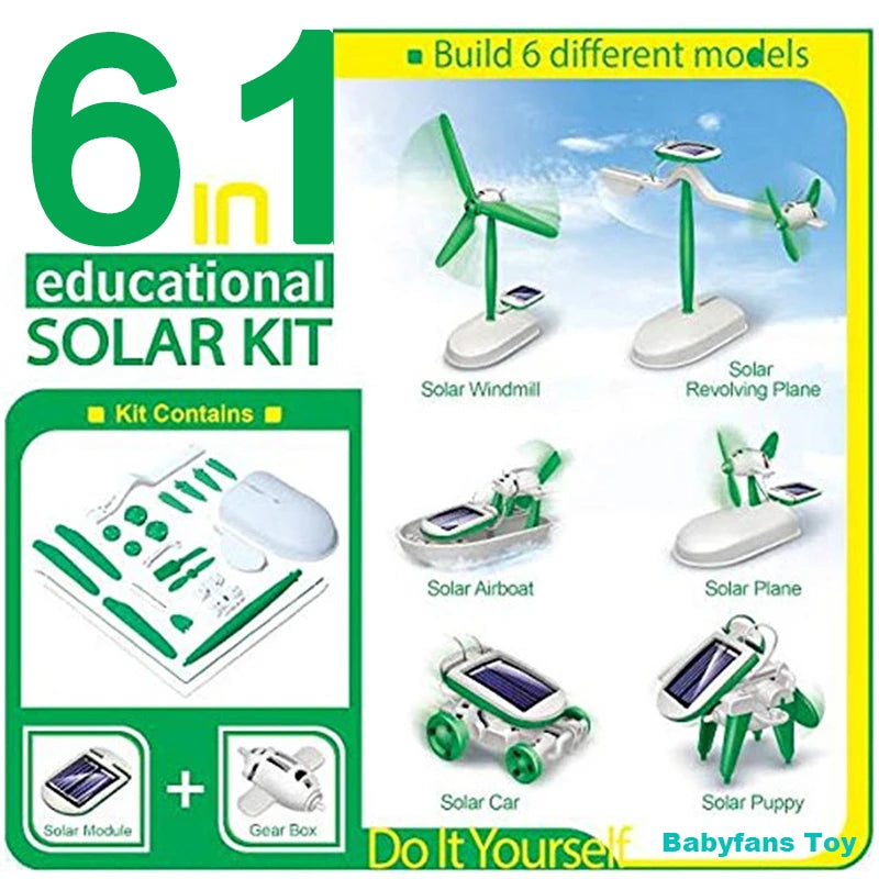 Solar Powered DIY kit robótico para crianças, carro elétrico educacional, presente para meninos, 6 em 1, novo