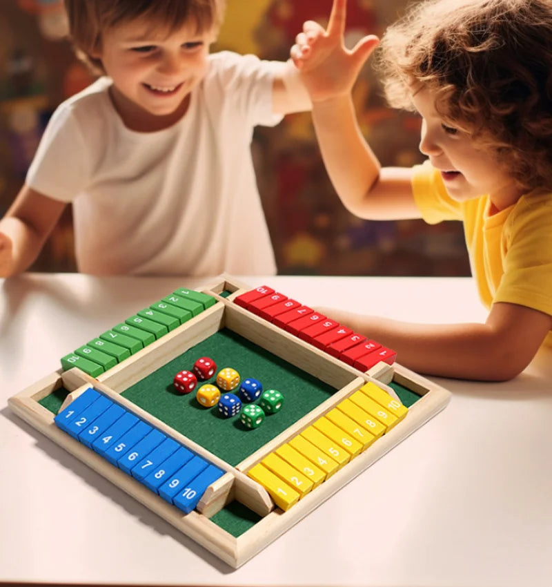 Jogo de tabuleiro de dados aritméticos, quatro lados, caixa de jogos de cartas, brinquedos de dados, abas de madeira, 4 jogadores, número de festa, jogos de tabuleiro