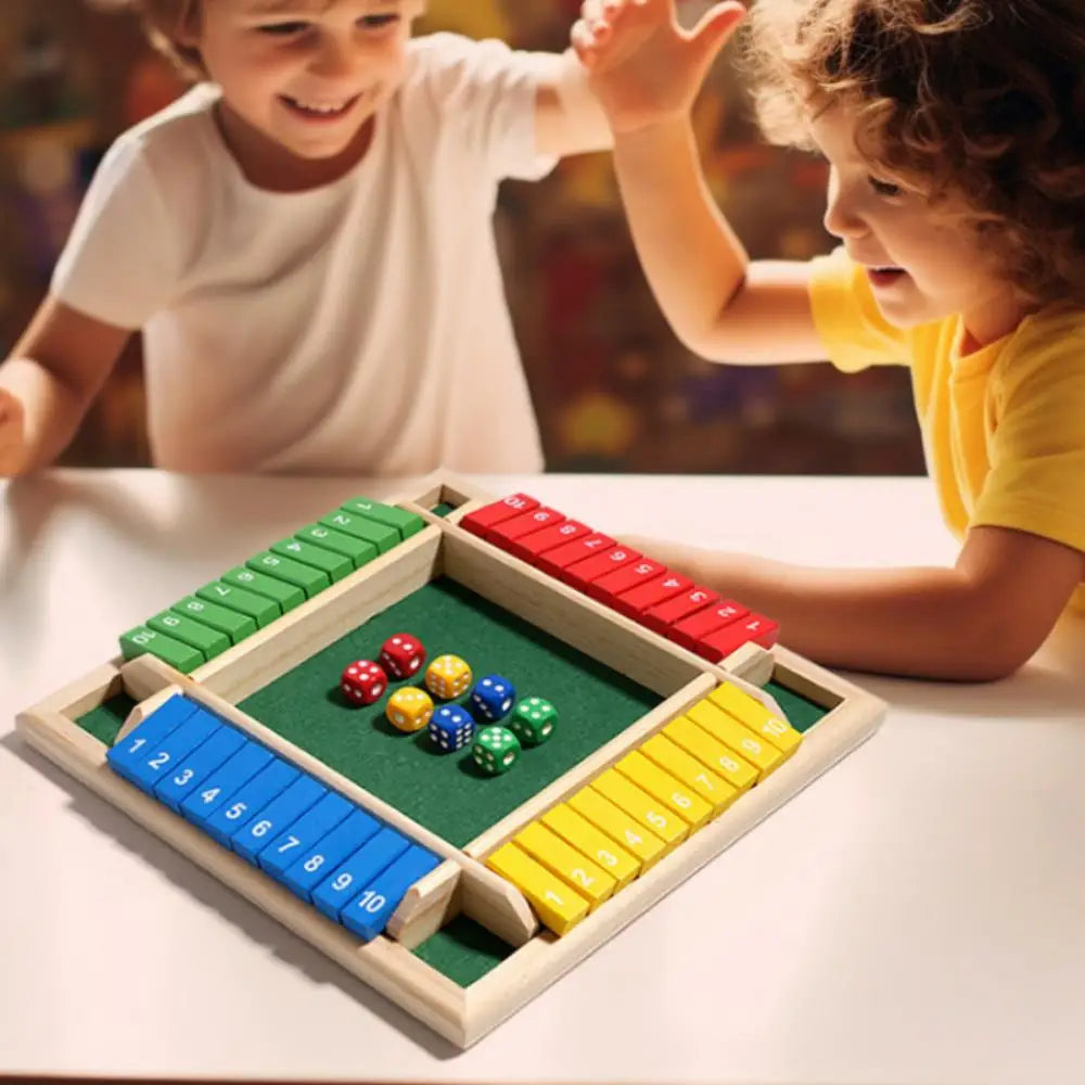 Jogo de tabuleiro de dados aritméticos, quatro lados, caixa de jogos de cartas, brinquedos de dados, abas de madeira, 4 jogadores, número de festa, jogos de tabuleiro