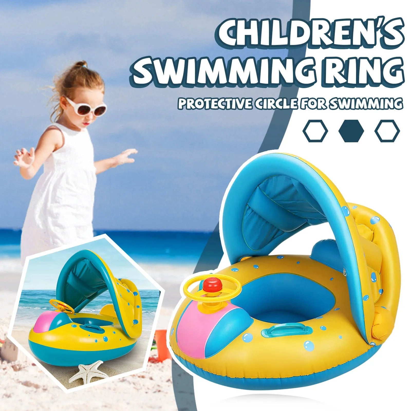 Anel de natação flutuante barco infantil com telhado e alças assento inflável de pvc com guarda-sol brinquedo de festa de verão