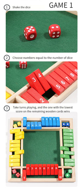 Jogo de tabuleiro de dados aritméticos, quatro lados, caixa de jogos de cartas, brinquedos de dados, abas de madeira, 4 jogadores, número de festa, jogos de tabuleiro